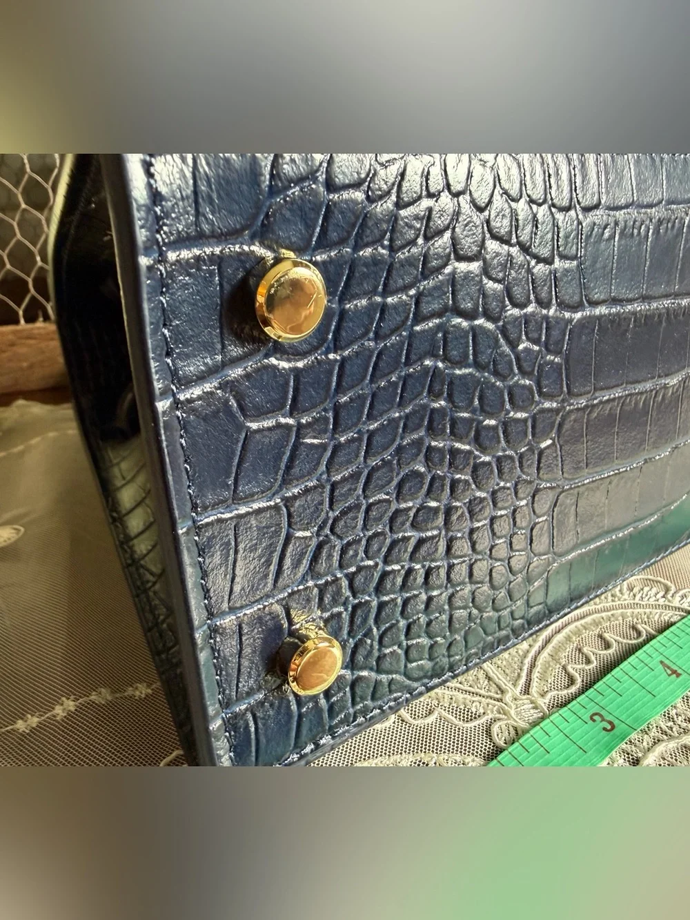 NWOT Teddy Blake Navy Croc-Embossed Leather Top Handle Bag Purse